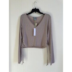 Good Luck Gem Women's Side Tie Long Sleeve Ribbed Crop Top In Mocha Size XL